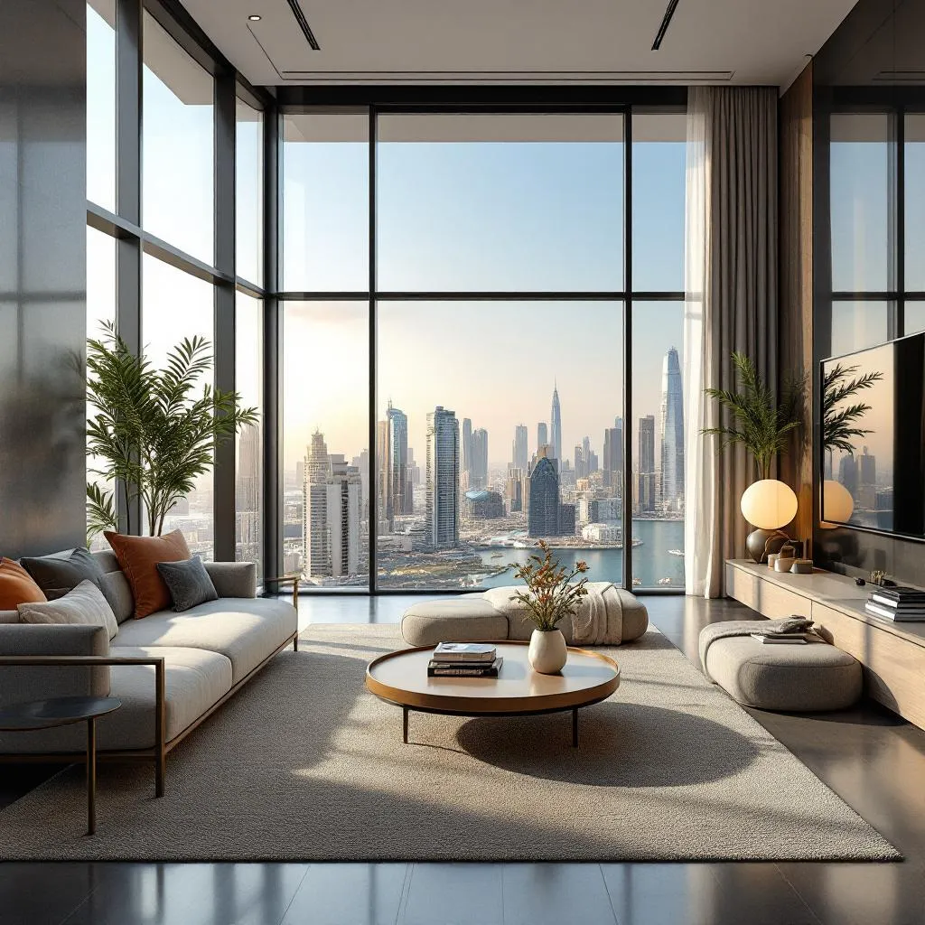A panoramic view of Dubai's iconic skyline with luxurious properties