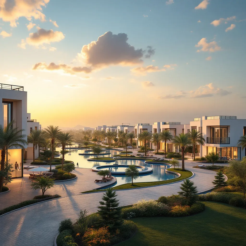 Overview of a Dubai micro-community, illustrating modern architecture and community layout