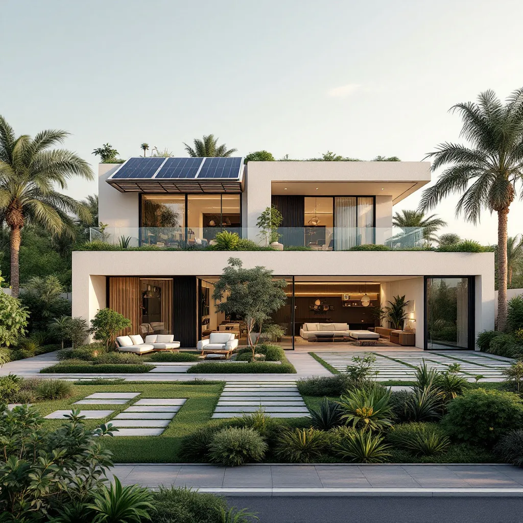 Sustainable villas in Dubai with solar panels and greenery
