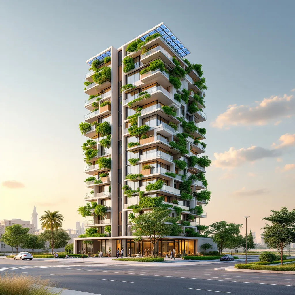 Skyline of Dubai with modern green buildings