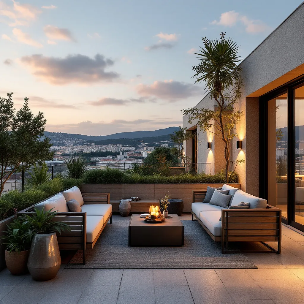 Vue d'un toit terrasse à Toulon avec mobilier moderne et vue sur la mer