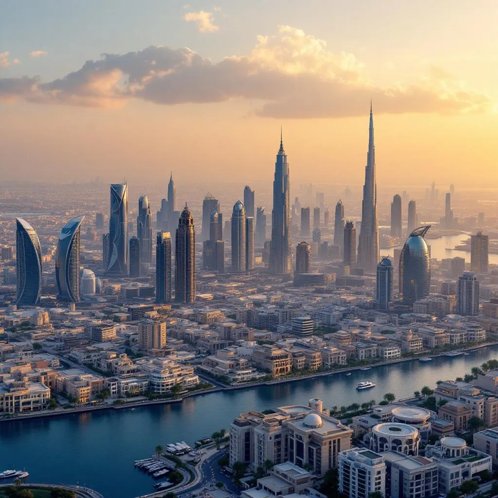 Modern skyline of Dubai with various buildings and properties