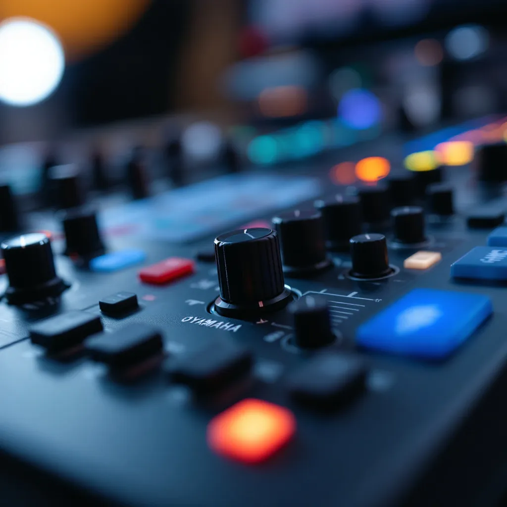 Technicien utilisant le DM7 Yamaha pour un mixage audio en temps réel