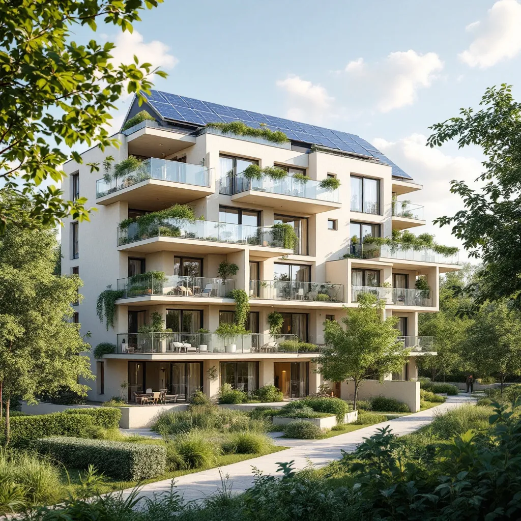 Vue d'un appartement neuf en France avec des panneaux solaires