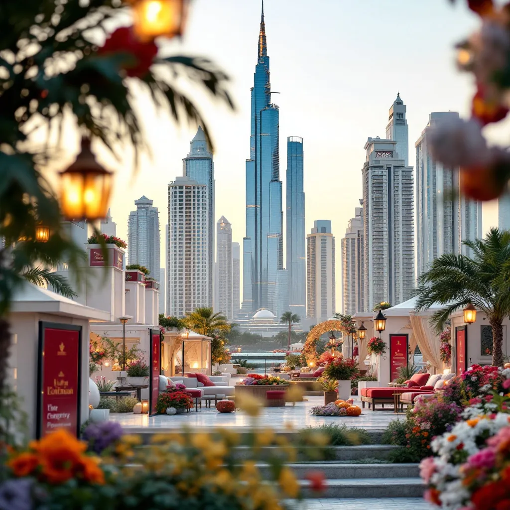 Vibrant cultural event in Dubai with cityscape background